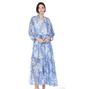 Joy Joy Flare Tiered Blue Floral Flowy Maxi Dress Women's Large Grand Millennial